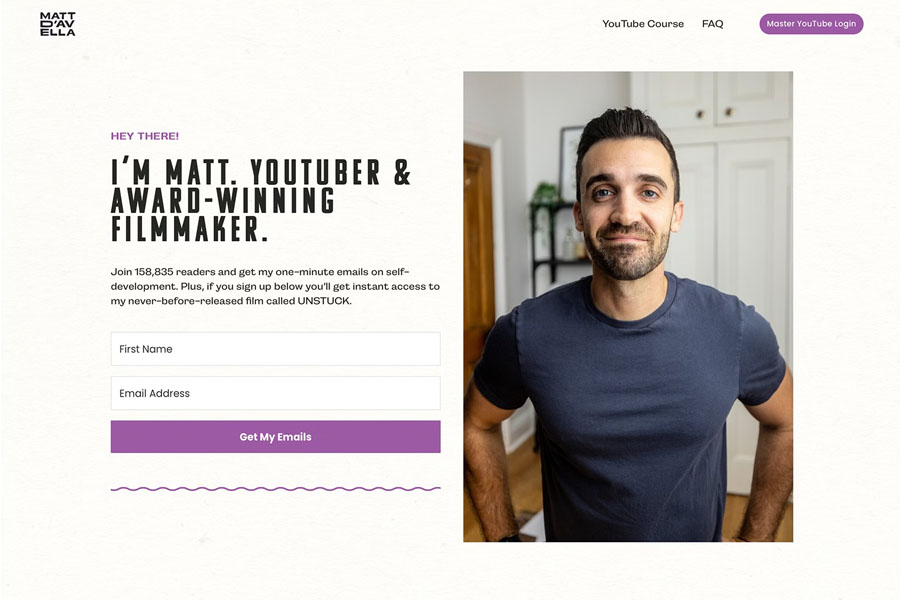 matt davella - youtuber and filmmaker minimal website example